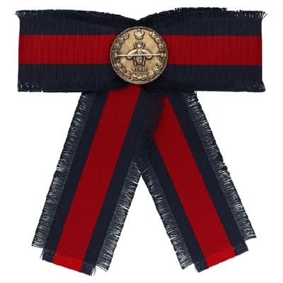 Shop Gucci Navy And Red Striped Ribbon Brooch In 8034 Multi