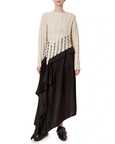Shop Loewe Satin-hem Cable-knit Dress In White/black