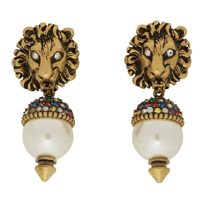 Shop Gucci Gold Pearl Lion Head Earrings In 8516 Pearl