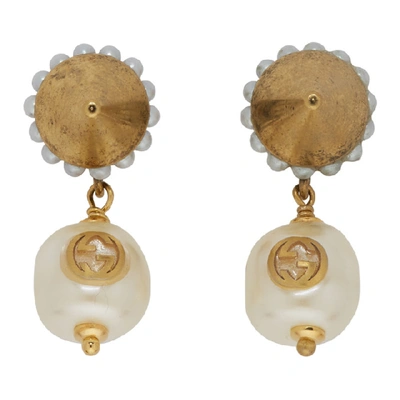 Shop Gucci Gold Interlocking G Pearl Earrings In 8078 Cream