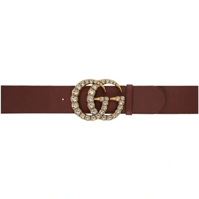 Shop Gucci Burgundy Wide Leather Gg Crystal Belt In 6675 Burgun