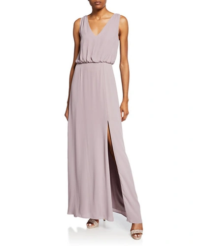 Shop Wayf The Bella V-neck Sleeveless Gown With Front Slit In Evening Haze