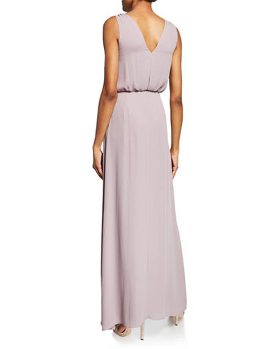 Shop Wayf The Bella V-neck Sleeveless Gown With Front Slit In Evening Haze