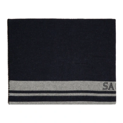 Shop Sacai Navy And Grey Logo Blanket In 209 Navy×l/