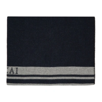 Shop Sacai Navy And Grey Logo Blanket In 209 Navy×l/