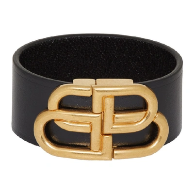 Shop Balenciaga Black Leather Bb Bracelet