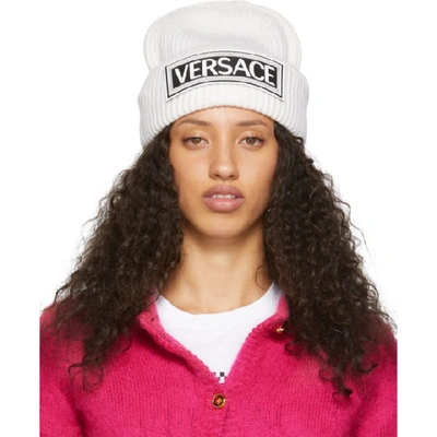 Shop Versace Off-white Wool Logo Beanie In I1001 White