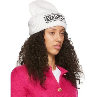 Shop Versace Off-white Wool Logo Beanie In I1001 White