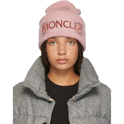 Shop Moncler Pink Logo Beanie In 515 Blush