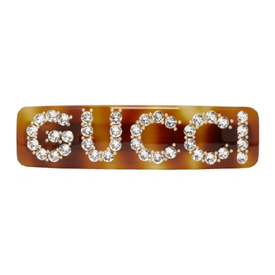 Shop Gucci Tortoiseshell Crystal Logo Barrette In 8518 Brown