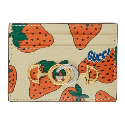 Shop Gucci Off-white Zumi Strawberry Card Holder In 9036 Ivory