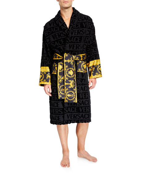 Versace Men's Barocco Logo Bath Robe In Black | ModeSens