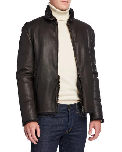 Shop Giorgio Armani Men's Shearling-lined Leather Jacket In Brown