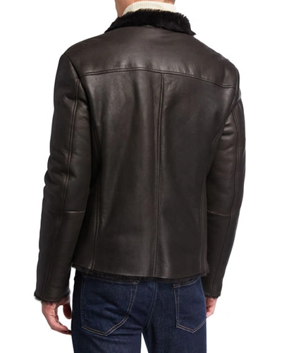 Shop Giorgio Armani Men's Shearling-lined Leather Jacket In Brown
