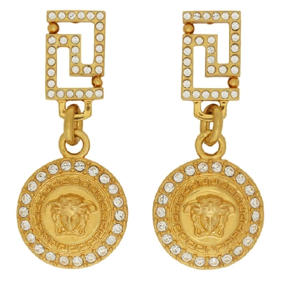 Shop Versace Gold Crystal Medusa Drop Earrings In Kcot Gold