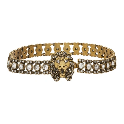 Shop Gucci Gold Crystal Lion Head Choker In 8062 Clear