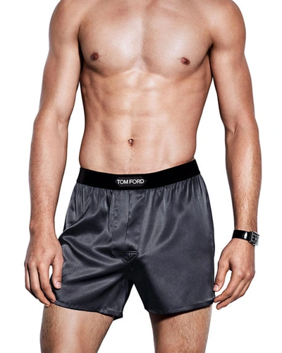Shop Tom Ford Men's Silk Jacquard Logo Boxers In Charcoal