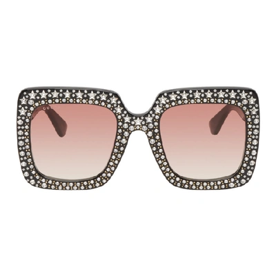 Shop Gucci Black Crystal Square Sunglasses In 005 Black/r