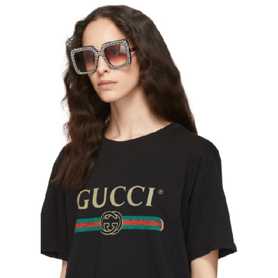 Shop Gucci Black Crystal Square Sunglasses In 005 Black/r