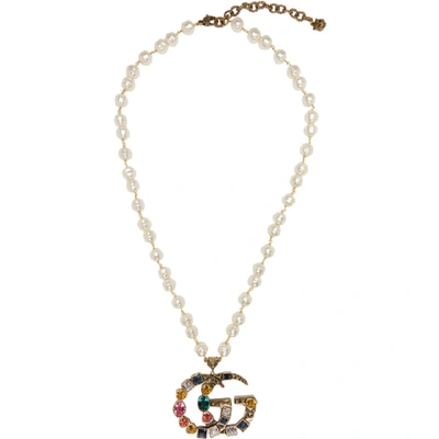 Shop Gucci Gold Crystal And Pearl Pendant Necklace In 8518 Pearl