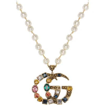 Shop Gucci Gold Crystal And Pearl Pendant Necklace In 8518 Pearl