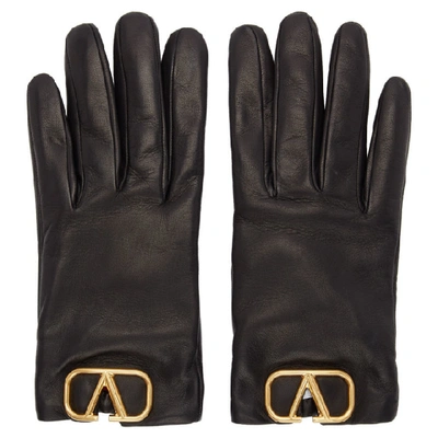 Shop Valentino Black  Garavani Leather Vlogo Gloves In 0no Black