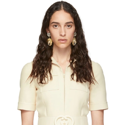 Shop Gucci Gold Crystal Lion Earrings In 8062 Clear