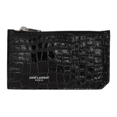 Shop Saint Laurent Black Croc Fragment Zipped Card Holder