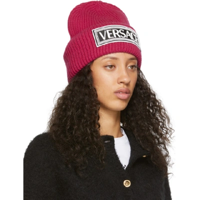 Shop Versace Pink Wool Logo Beanie In I1230 Fuxia