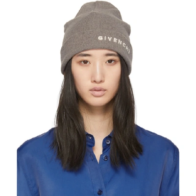 Shop Givenchy Grey And Off-white Embroidered Logo Beanie In 060 Grey/iv