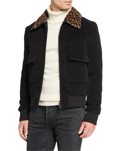 Shop Fendi Men's Ff Shearling-collar Jacket In Black