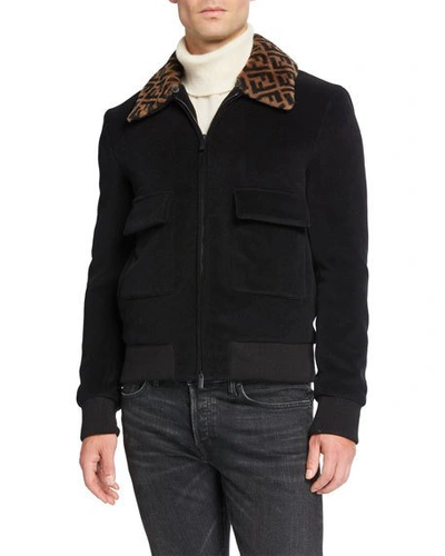 Shop Fendi Men's Ff Shearling-collar Jacket In Black