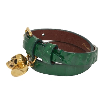 Shop Alexander Mcqueen Green Croc Double Wrap Skull Bracelet In 3120 Emeral