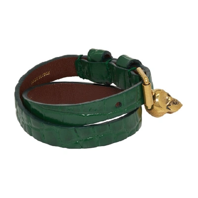 Shop Alexander Mcqueen Green Croc Double Wrap Skull Bracelet In 3120 Emeral