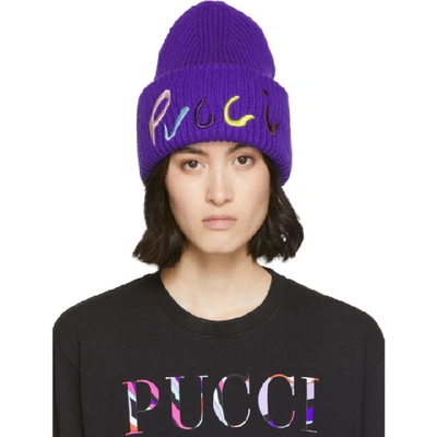 Shop Emilio Pucci Purple Logo Embroidered Ribbed Beanie In 152 Purple