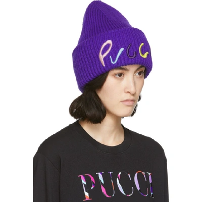 Shop Emilio Pucci Purple Logo Embroidered Ribbed Beanie In 152 Purple