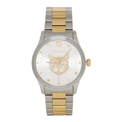 Shop Gucci Gold And Silver Cat Iconic G-timeless Watch In Gold/silvr