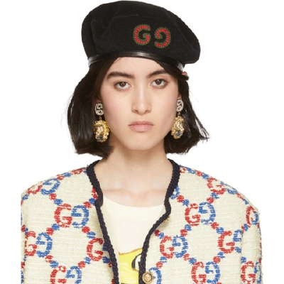 Shop Gucci Black Wool Gg Patch Beret In 1060 Black
