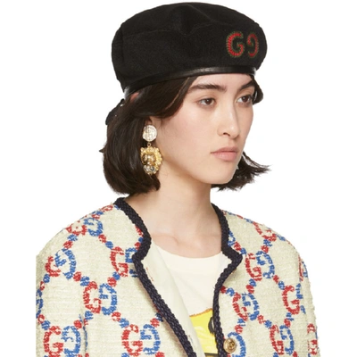 Shop Gucci Black Wool Gg Patch Beret In 1060 Black