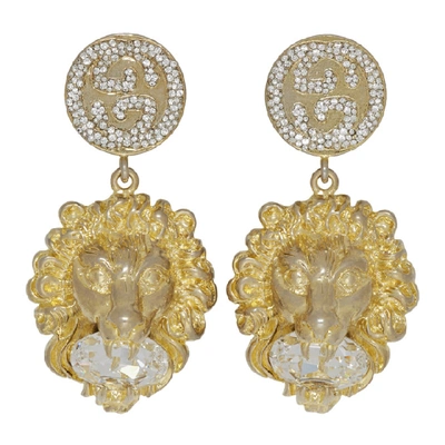 Shop Gucci Gold Crystal Lion Head Earrings In 8062 Gold
