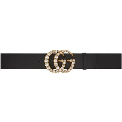 Shop Gucci Black Wide Leather Gg Crystal Belt