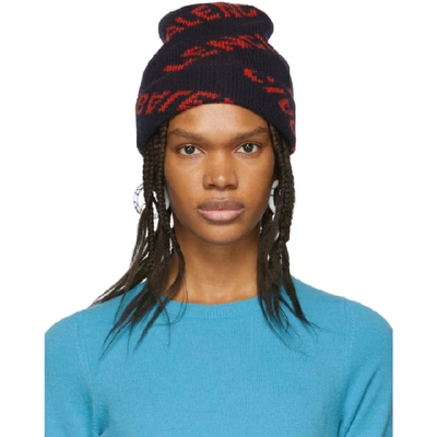 Shop Balenciaga Navy And Red Jacquard Logo Beanie In 9019 Nvy/or