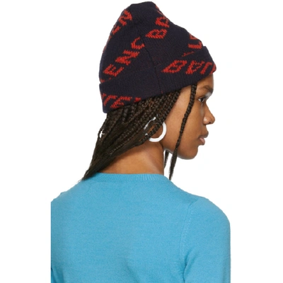 Shop Balenciaga Navy And Red Jacquard Logo Beanie In 9019 Nvy/or