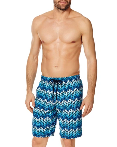 Shop Vilebrequin Men's Herringbone Turtle Print Swim Trunks In Bleu Marine