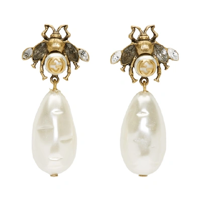 Shop Gucci Gold Pearl Bee Drop Earrings In 8062 Antic