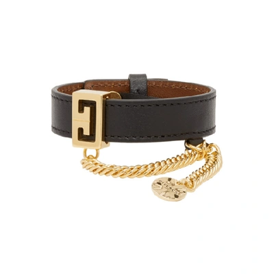 Shop Givenchy Black Leather Gv Bracelet In 001 Black