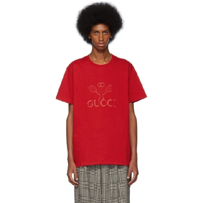 Gucci Embroidered Logo Cotton-jersey T-shirt In Red | ModeSens