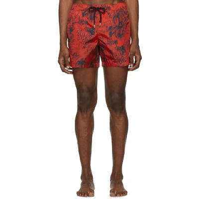 Shop Moncler Red Palm Tree Swim Shorts