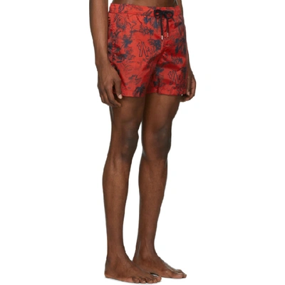 Shop Moncler Red Palm Tree Swim Shorts