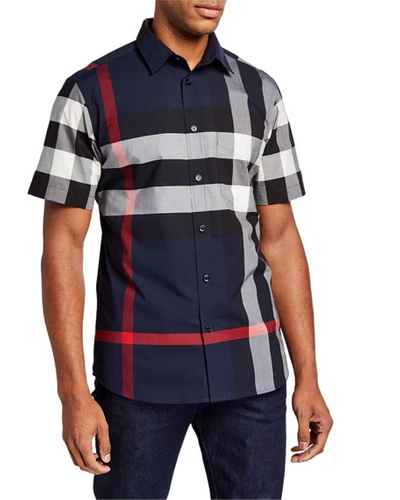 Shop Burberry Men's Somerton Check Short-sleeve Sport Shirt In Navy